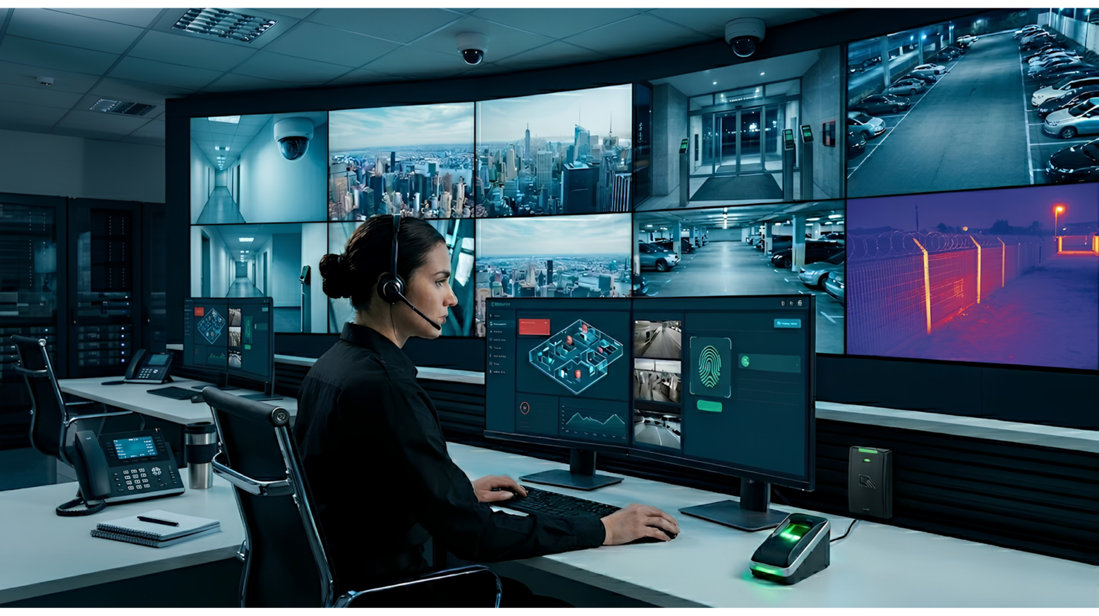 Sala de monitoreo con pantallas y sistema de gestión Hik Central